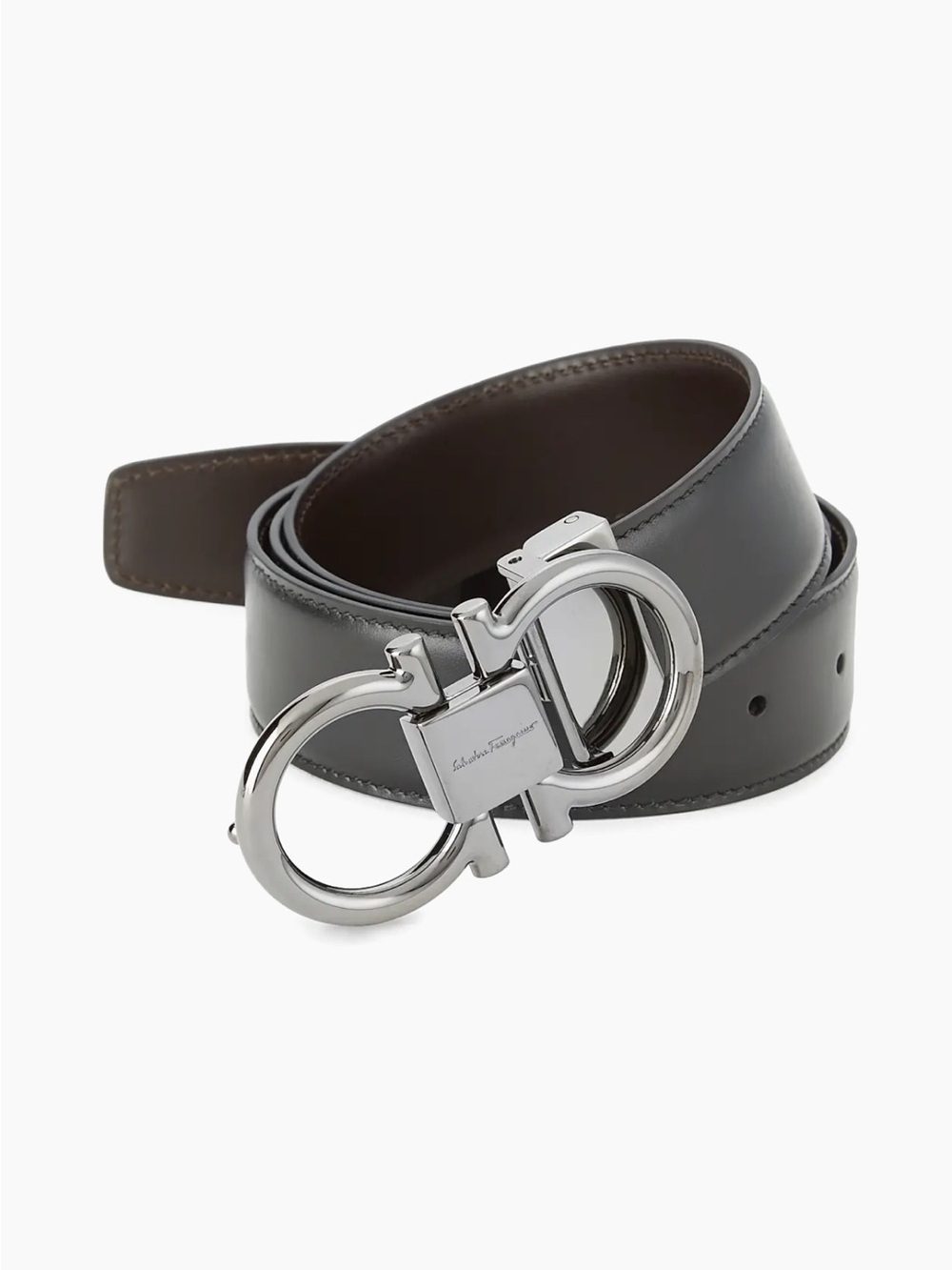 Salvatore Ferragamo Leather Gancini Belt with Silver Buckle. Size 42 black/brown